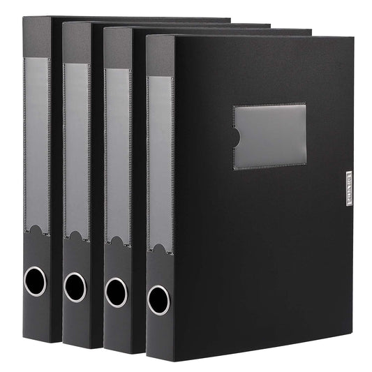 HUA JIE 4 Pack A4 Storage File Boxes Plastic Archives Cases with Lid,Black