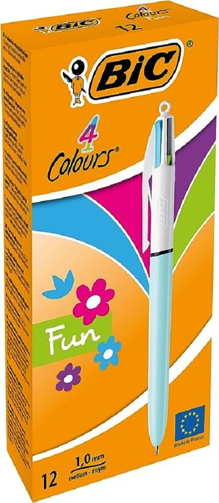 BIC 4 Colours Fun Retractable Ballpoint Pens - Box of 12 with Light Blue Pastel Barrel and Medium