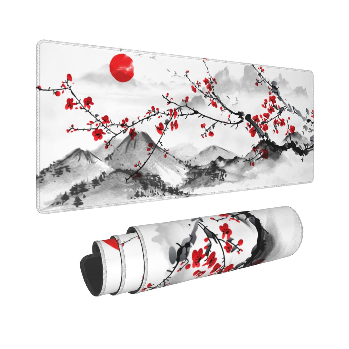 Watercolor Japanese Cherry Blossom Mouse Pad 31.5 X 11.8 Inch XL Red Floral Design Extended Gaming