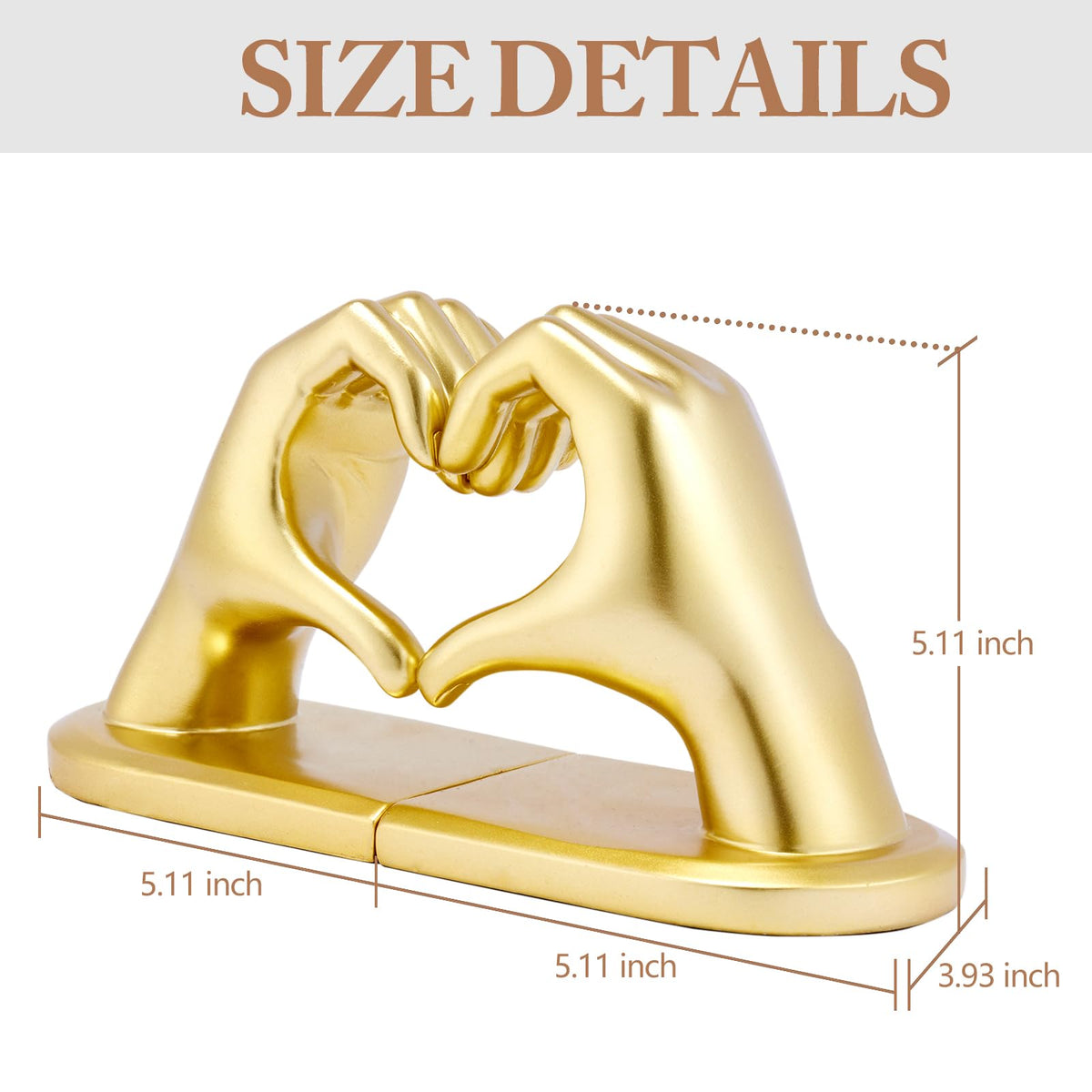 xmeden Gold Decorative Bookends for Shelves, Heart Hands Resin Sculpture with Non-Slip Felt Base