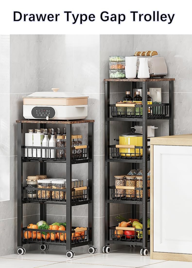 KOLENSA Metal Wire Baskets with Wheels, Stackable Storage Bins Kitchen Organizer Shelf, Multi Layer