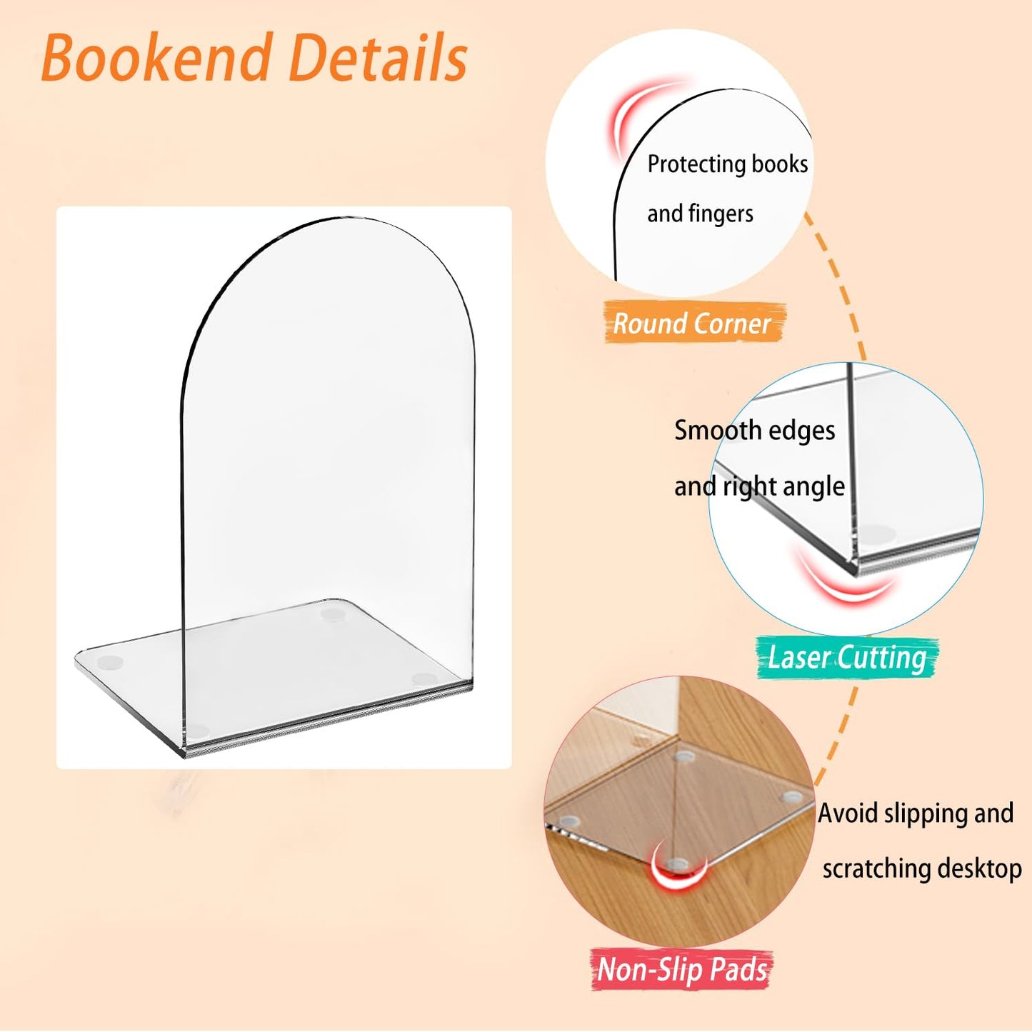 Acrylic Book Ends 8 Pcs, Clear Bookends, Bookend Organizer for Shelves