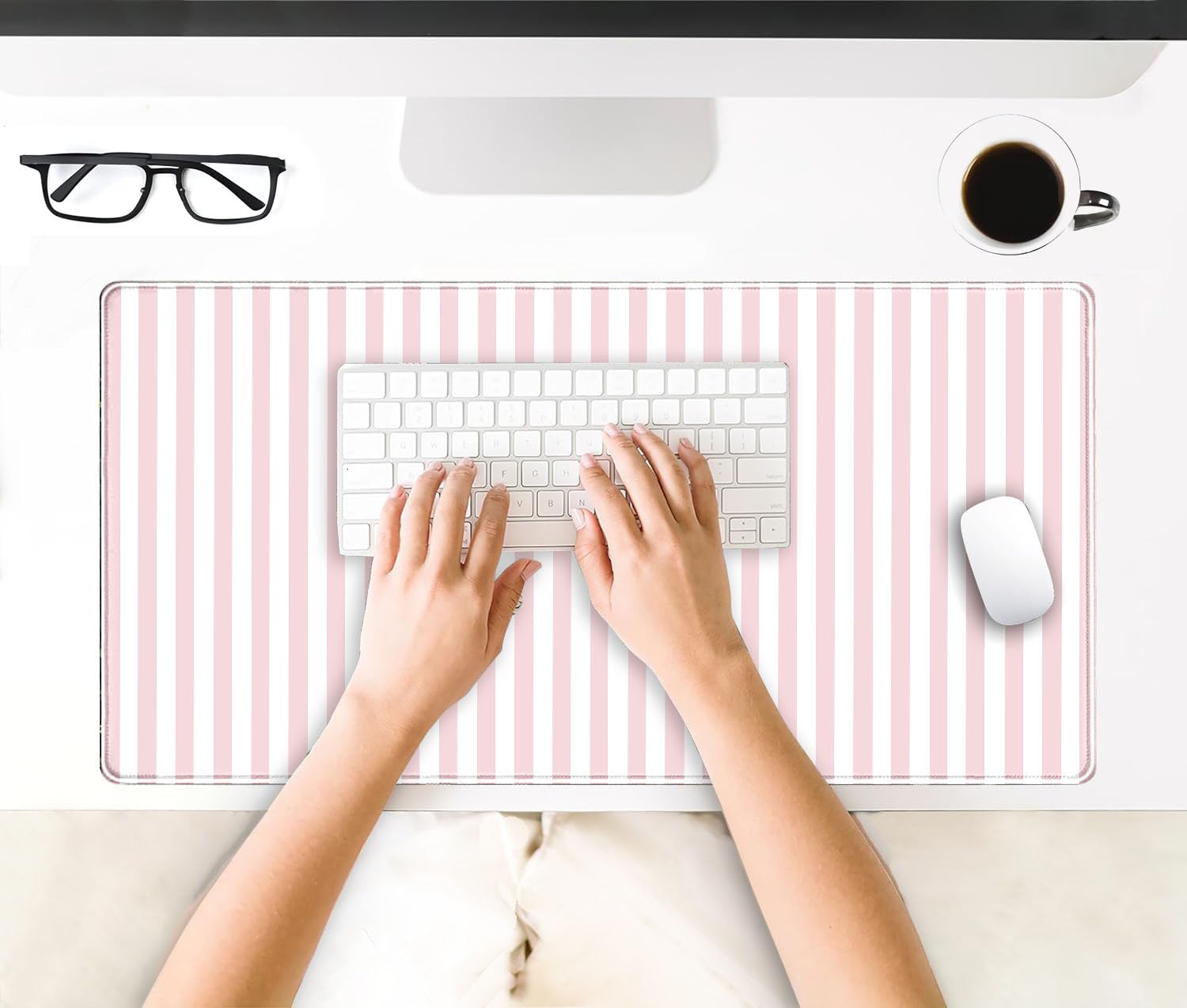 Pink Striped Desk Mat Cute Pastel Large Mouse Pad Kawaii Aesthetic Extended Mat for Home Office