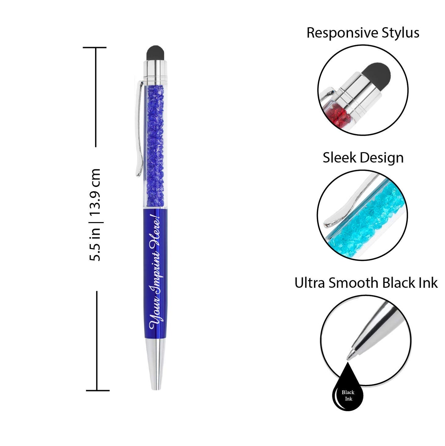 ExpressDesigns™ - Personalized Crystal Pens with Stylus - Metal Gem Pen - Custom Metallic Printed