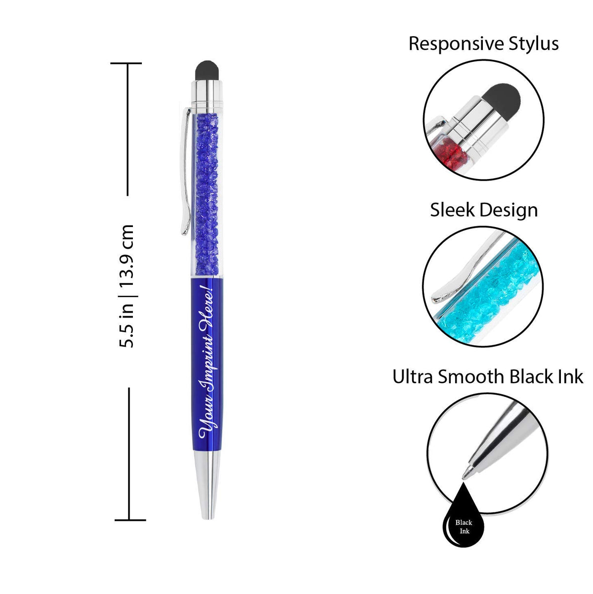 ExpressDesigns™ - Personalized Crystal Pens with Stylus - Metal Gem Pen - Custom Metallic Printed