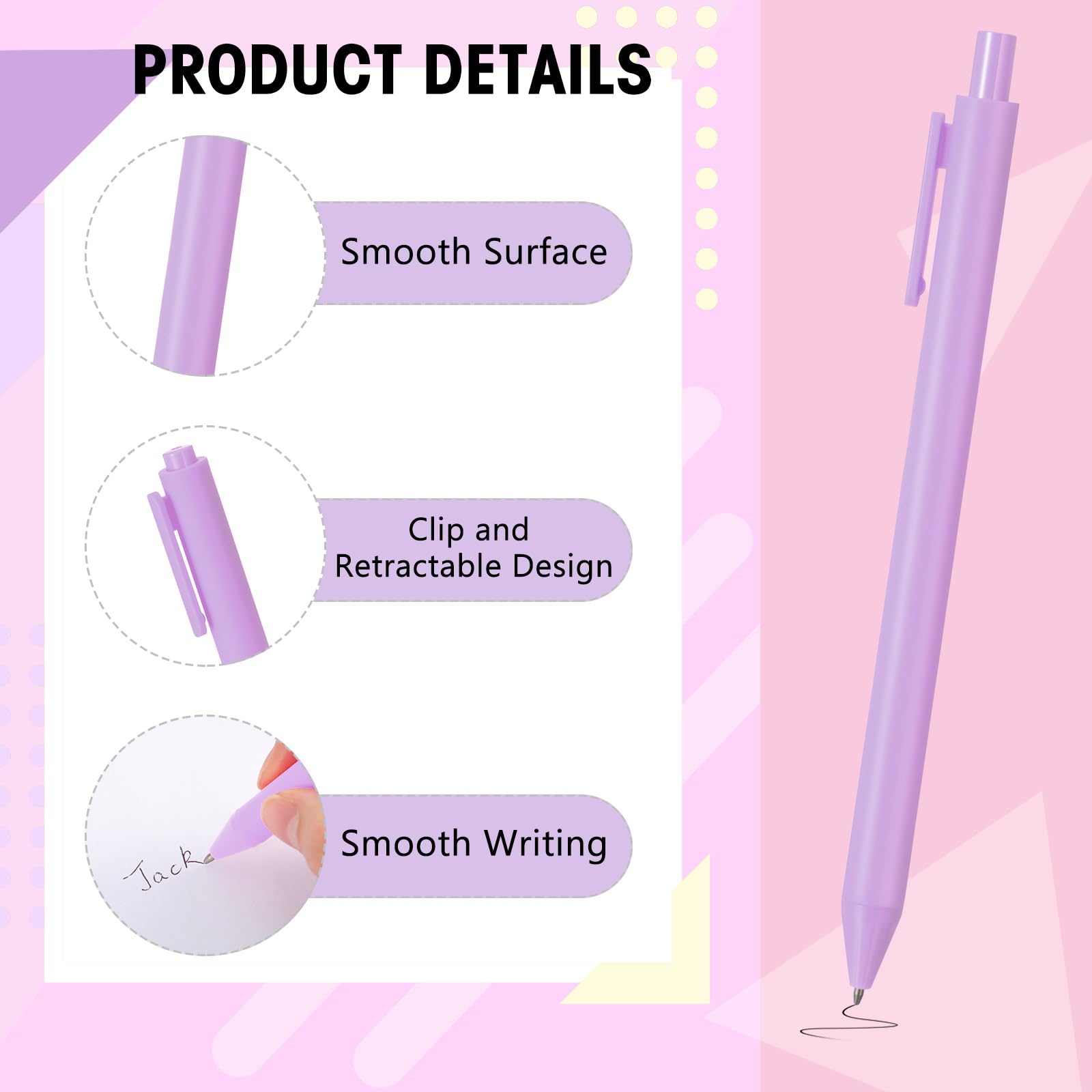 Fulmoon 50 Pcs Cute Pens Retractable 1.0mm, Light Purple Black Ink