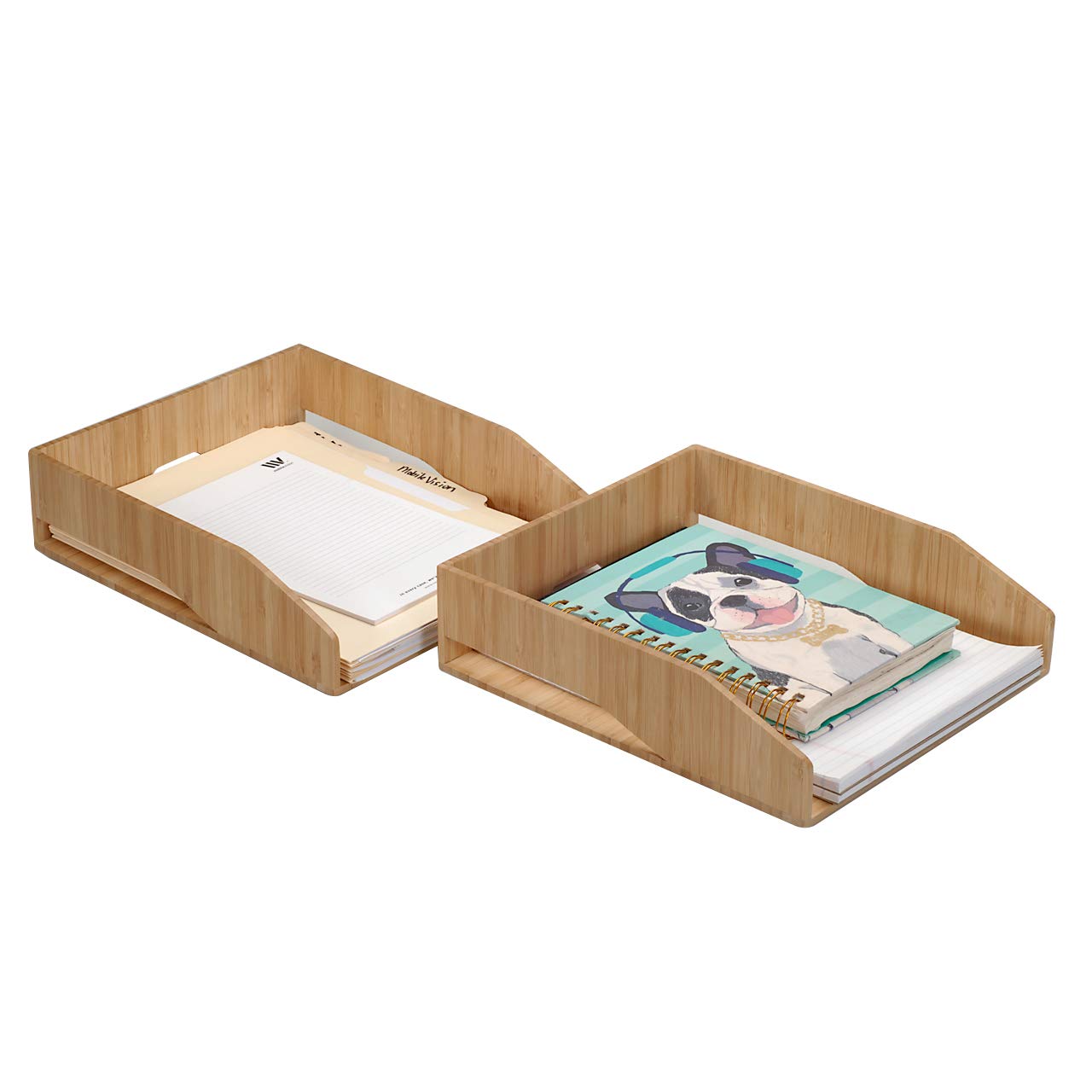 MobileVision 2 Pack Stackable Bamboo Paper Tray Office Organizer for Files, Documents, Letter
