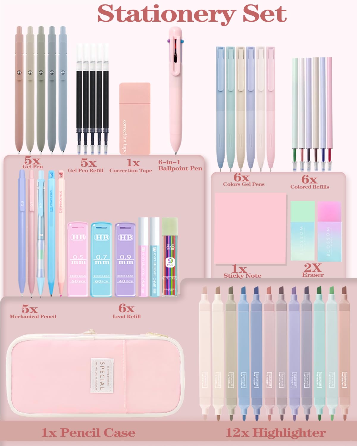 JIZHIYUAN 54PC Aesthetic School Supplies with Pink Pencil Case for Students