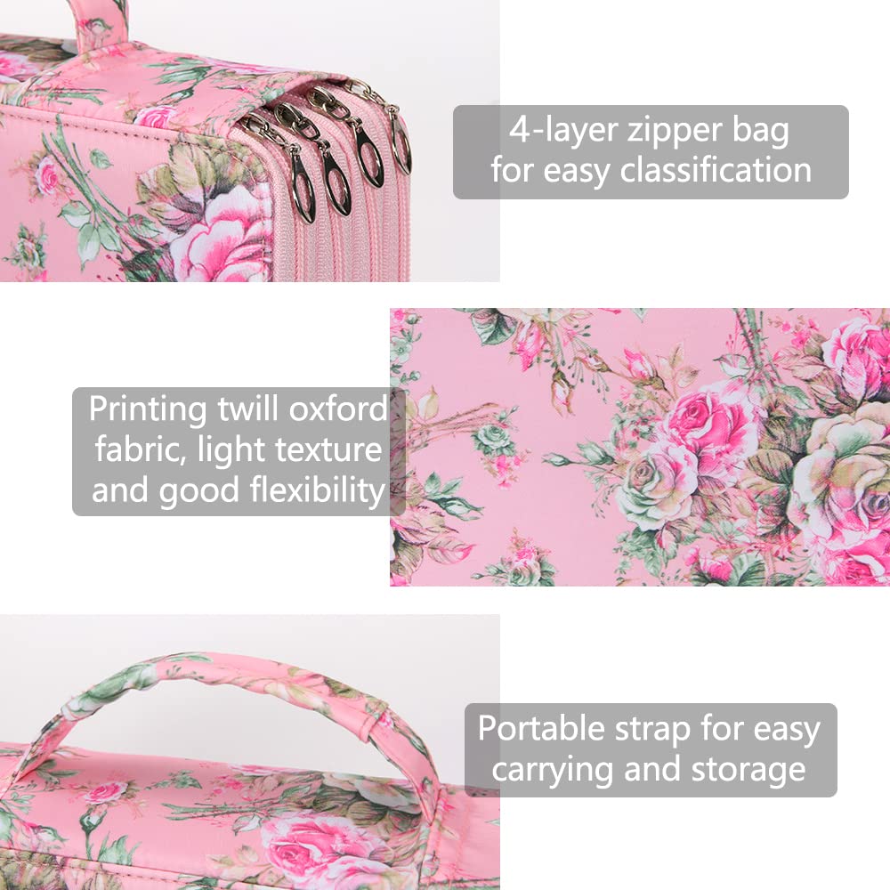 Vomgomfom 300 Slots Marker Case 4-Layer PU Leather, Handle, Pink Rose