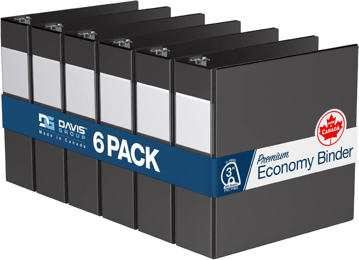 Premium Economy 3-Ring Binder, Spine Label, 3" D Rings, Black, 6 Pack