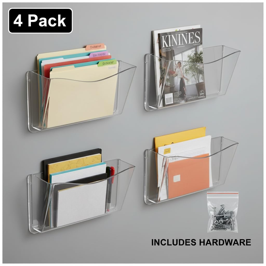 Azar Displays 250025 Clear Plastic Wall Mount File Holder with Hanging Hardware (4-Pack)