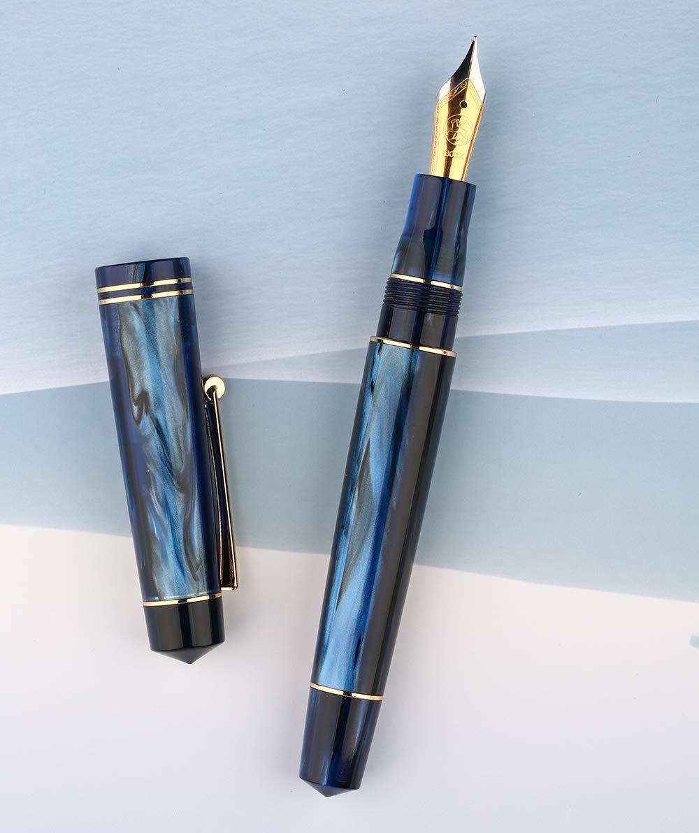 Lanxivi M800 Blue Acrylic Fountain Pen, Germany Bock Fine Nib with Converter and Pen Case Set