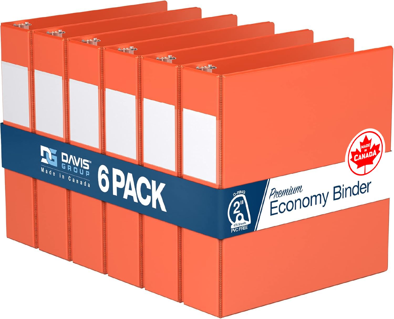 Premium Economy 3-Ring Binder, Spine Label, 2" D Rings, Orange, 6 Pack