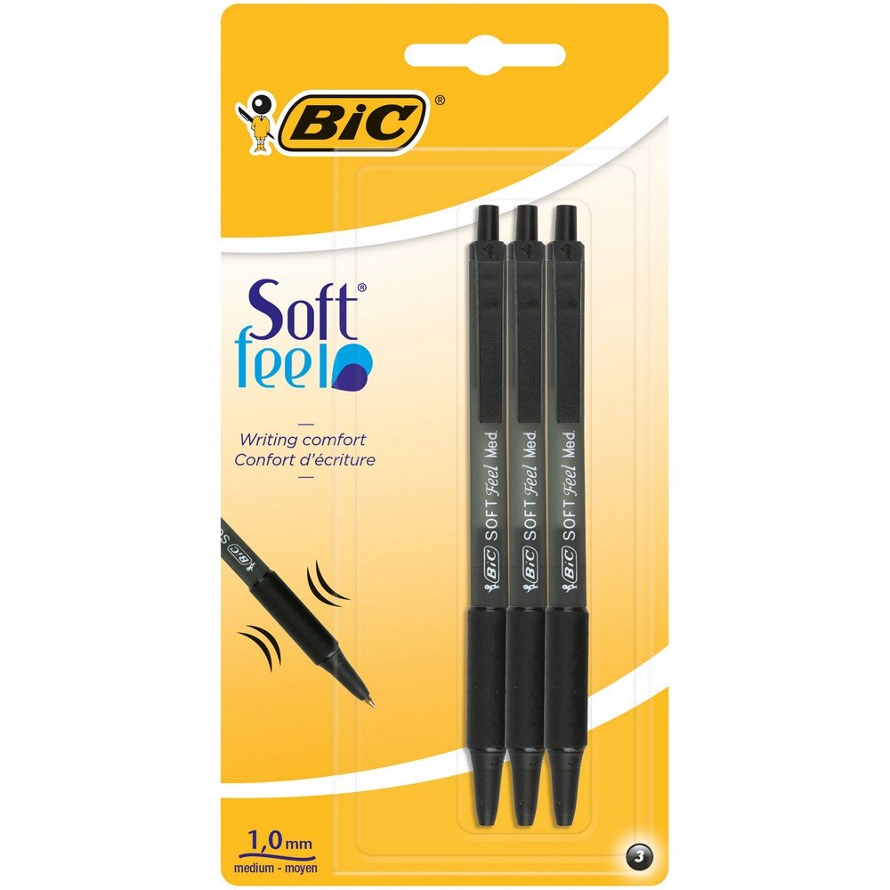 Bic Soft Feel Ballpoint Pens - Black - Pack of 3 Pens - Medium Point (1.0 mm) with Rubber Grip for