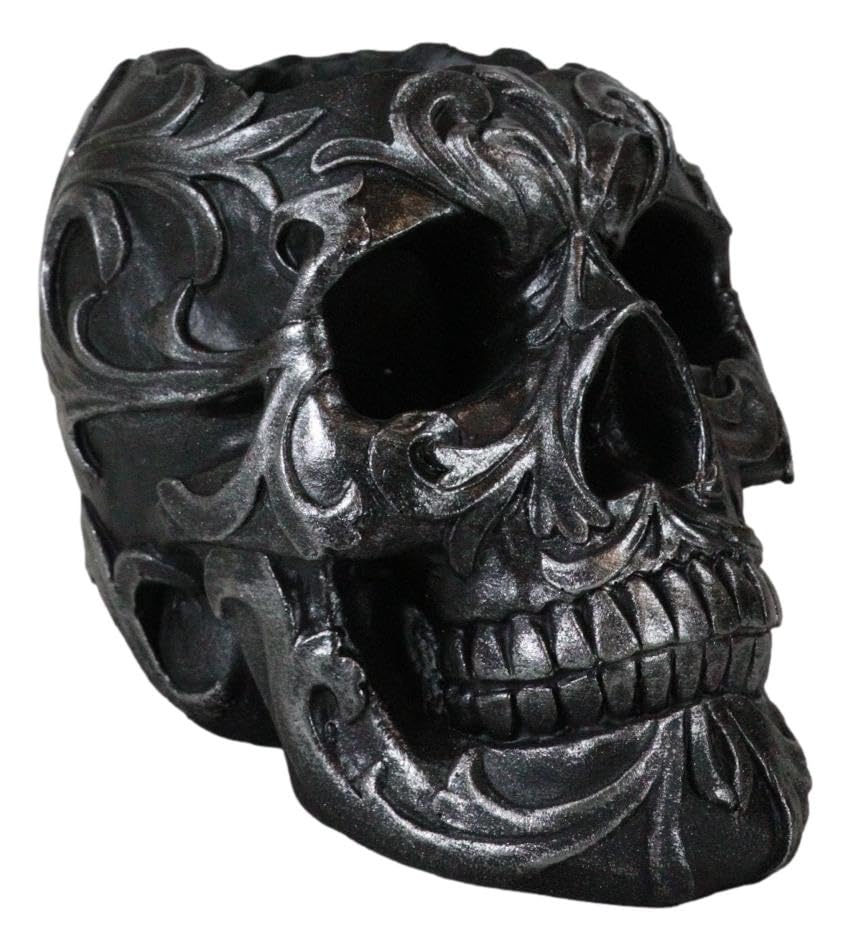 Ebros Gift Set Of 2 Tribal Tattoo Floral Skull Pen Holder Figurine 5.75" L Office Desktop Ossuary
