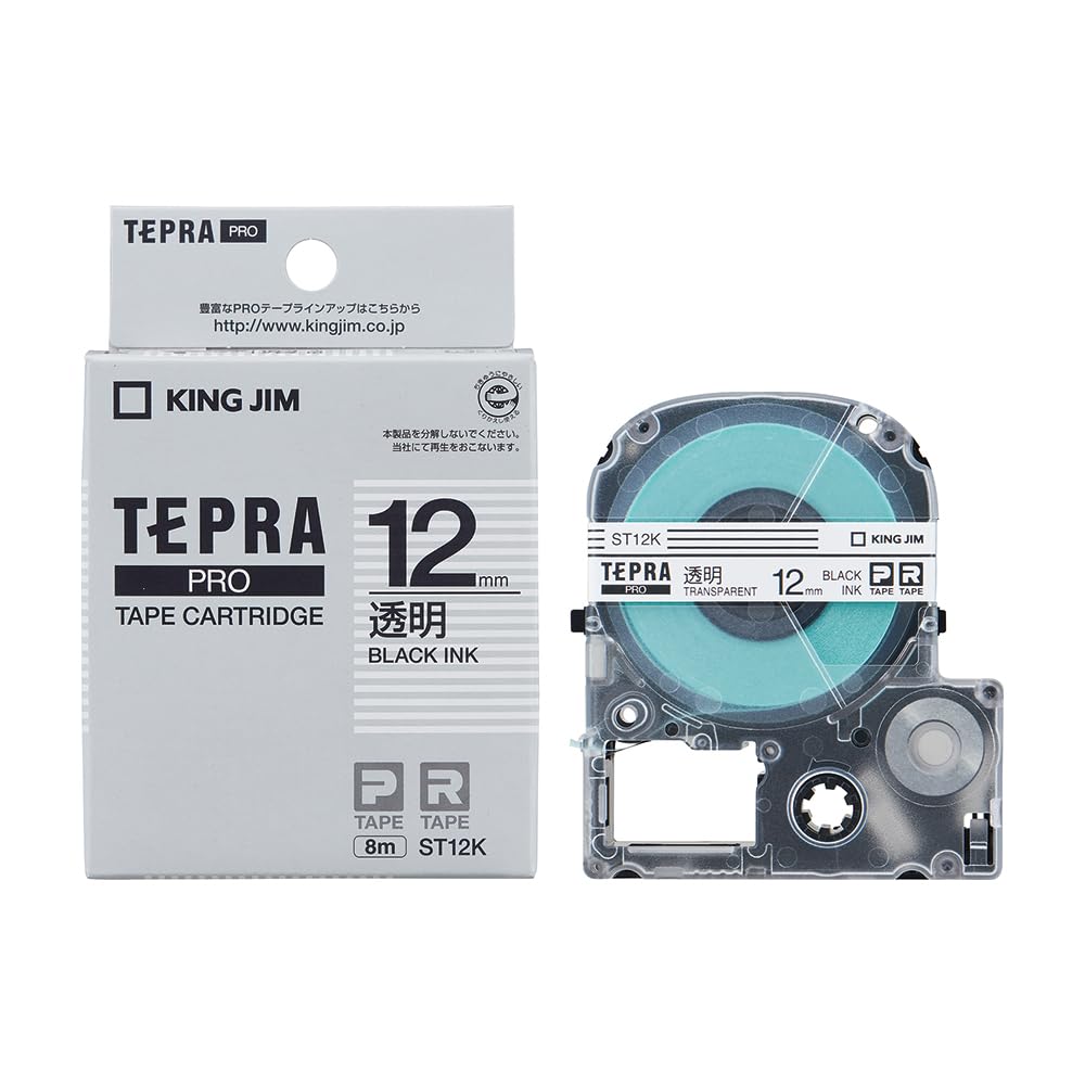 King Jim ST12K Tepra PRO Tape Cartridge, 0.5 inches (12 mm), Transparent Label/Black Letter, Length