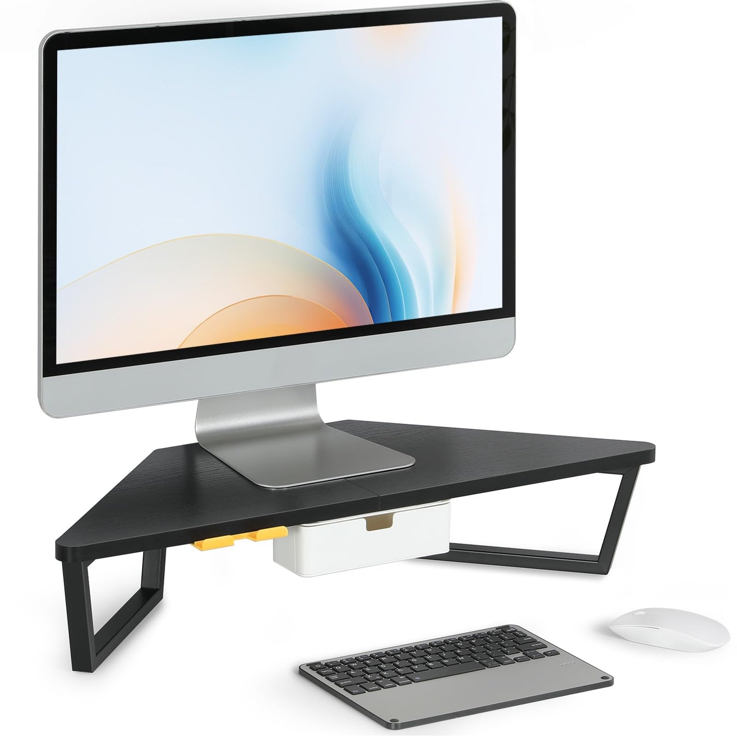 TEAMIX Corner Monitor Stand with Drawer and Phone Holder, 26x12.6x5.3in