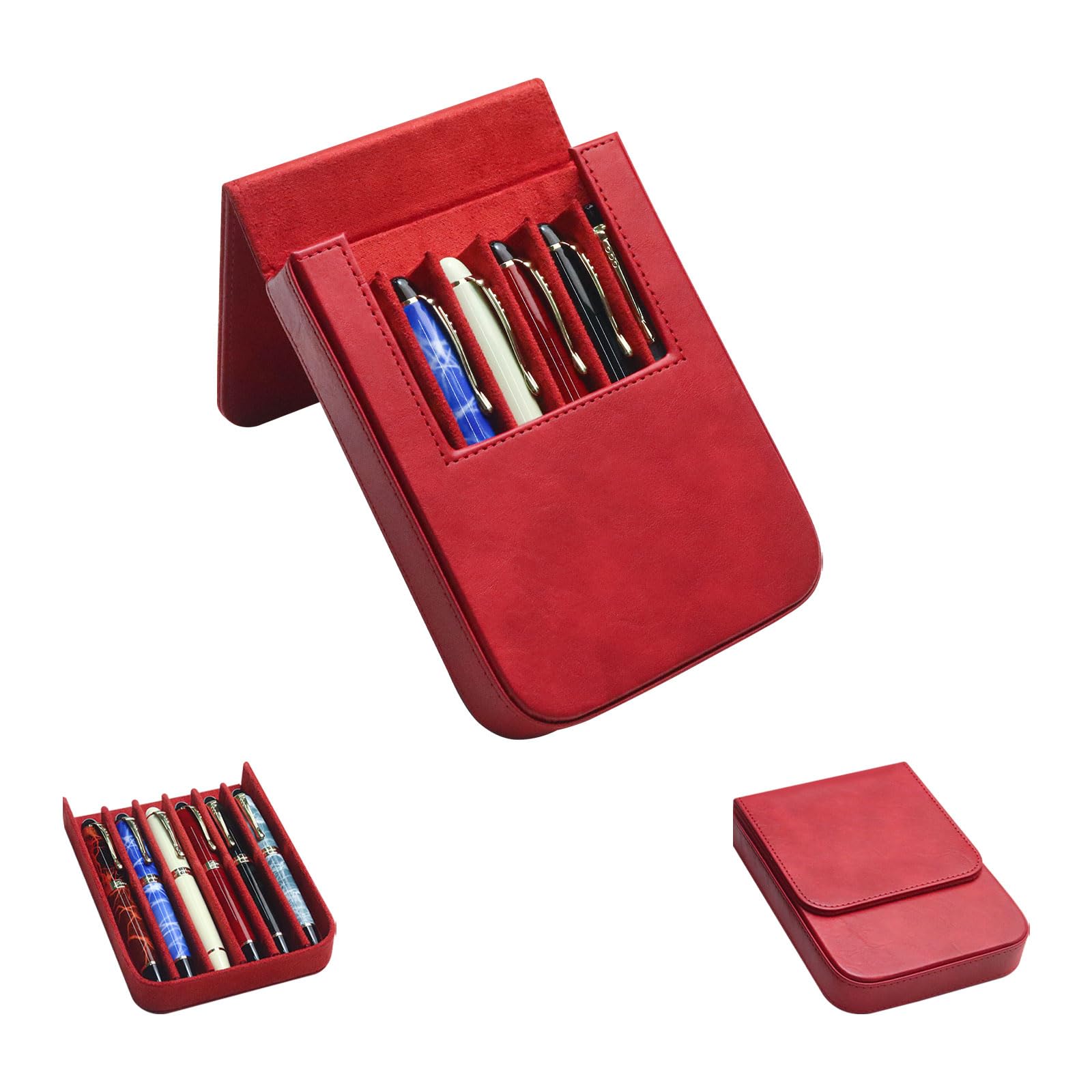 MIVLXLX 6 Slot Fountain Pen Case, Handmade Magnetic,Christmas Gift (red)