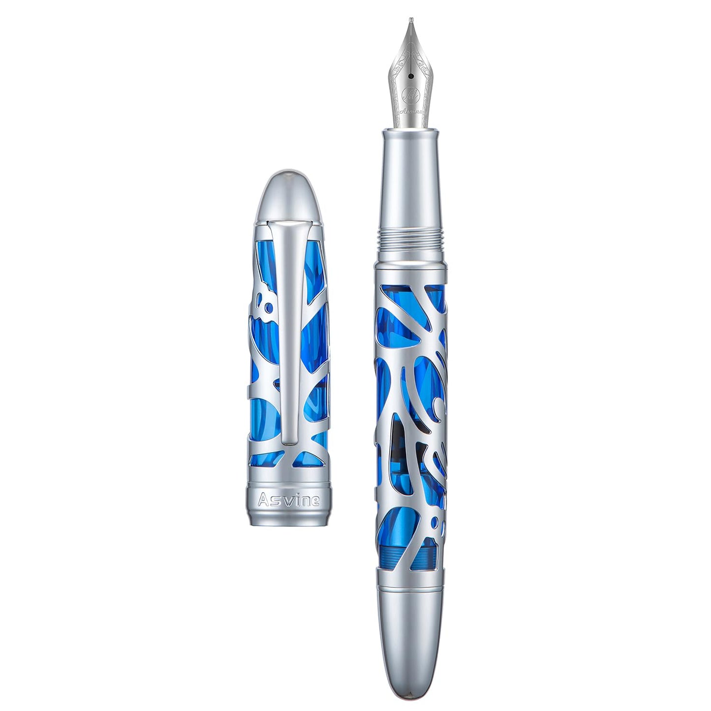 Asvine P80 Piston Filling Fountain Pen Medium Nib, Spider Skeleton Transparent Blue Acrylic Pen