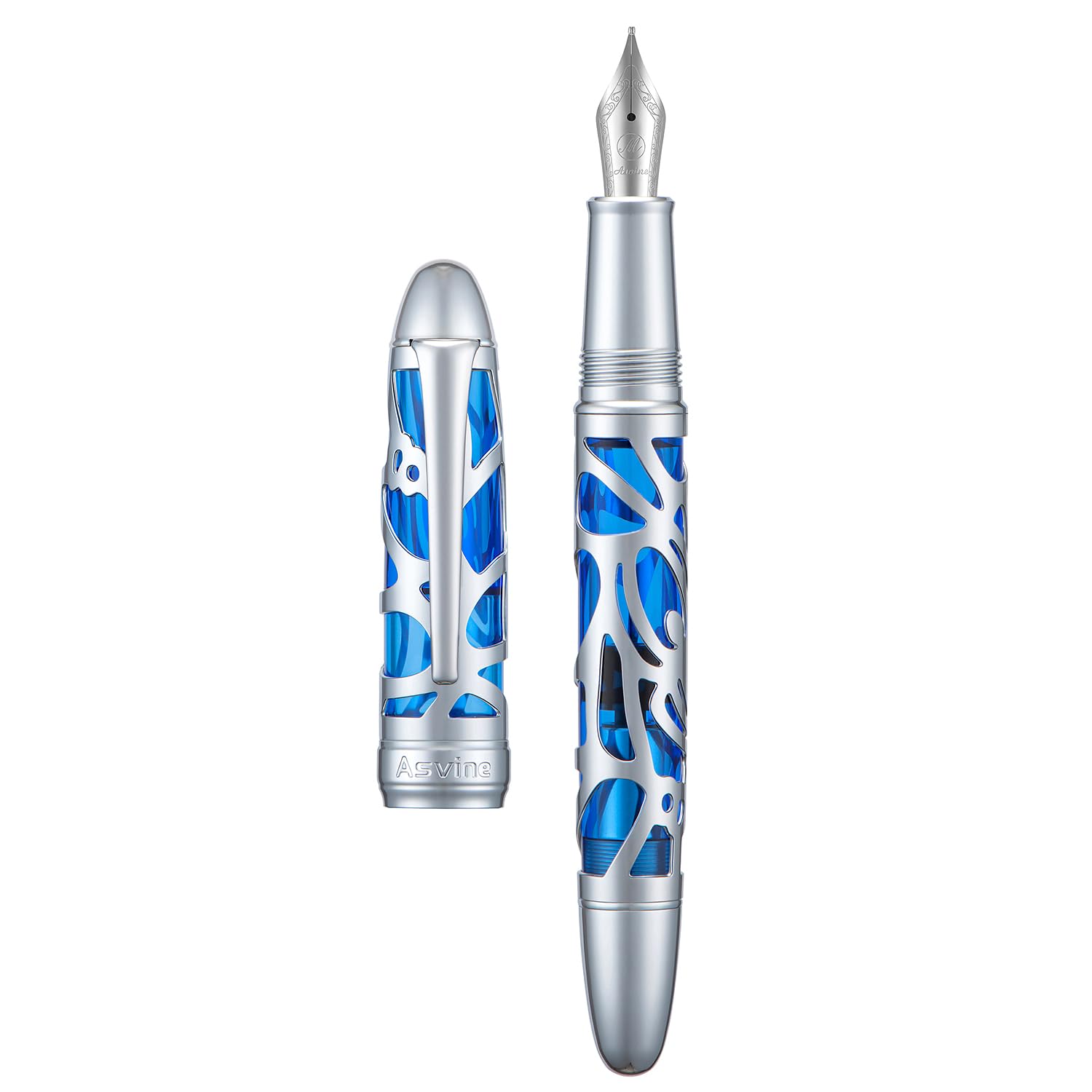 Asvine P80 Piston Filling Fountain Pen Fine Nib, Spider Skeleton Transparent Blue Acrylic Pen Case