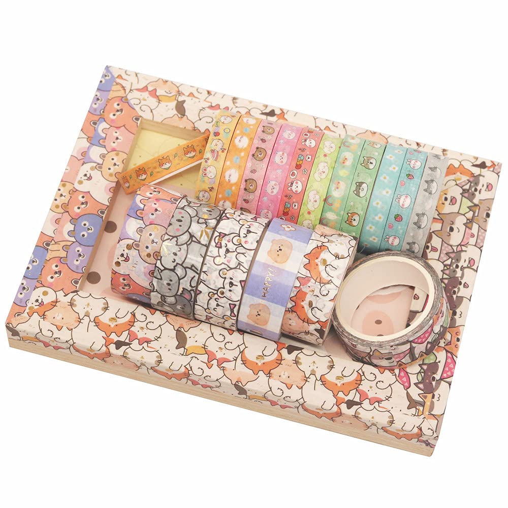 YUBX Cute Pets Washi Tape Set 18 Rolls Skinny Gold Embellishment Decorative Masking Tapes for Arts