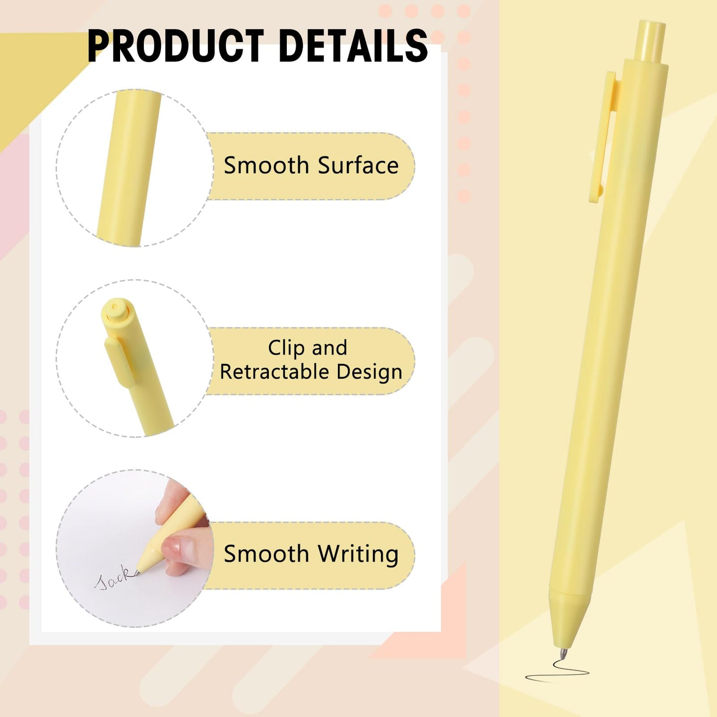 Fulmoon 50 Pcs Cute Pens Retractable 1.0mm, Light Yellow Black Ink