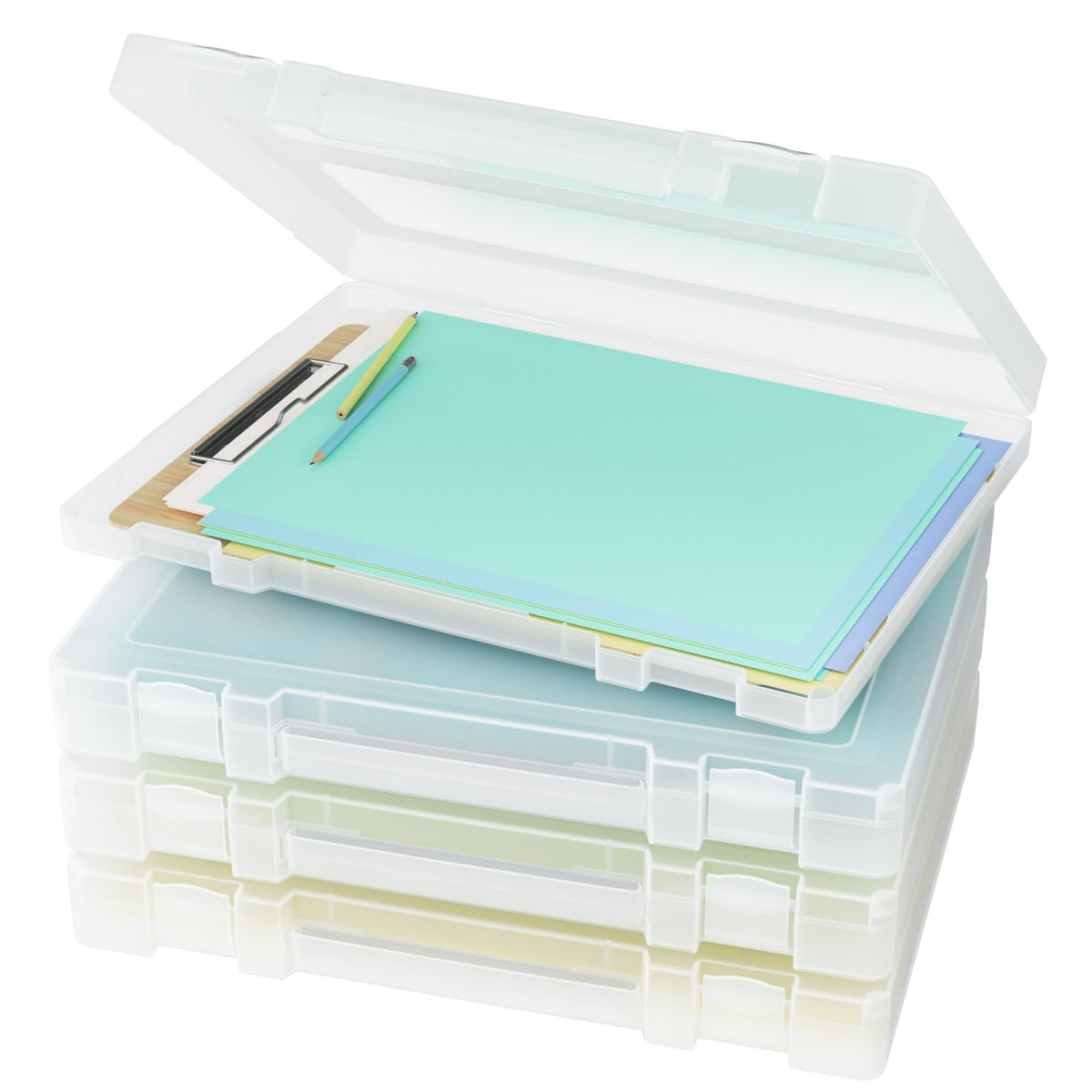 Denkee Large Paper Storage Box, 4 Pack Plastic Scrapbook Paper Storage Organizer with Handle for