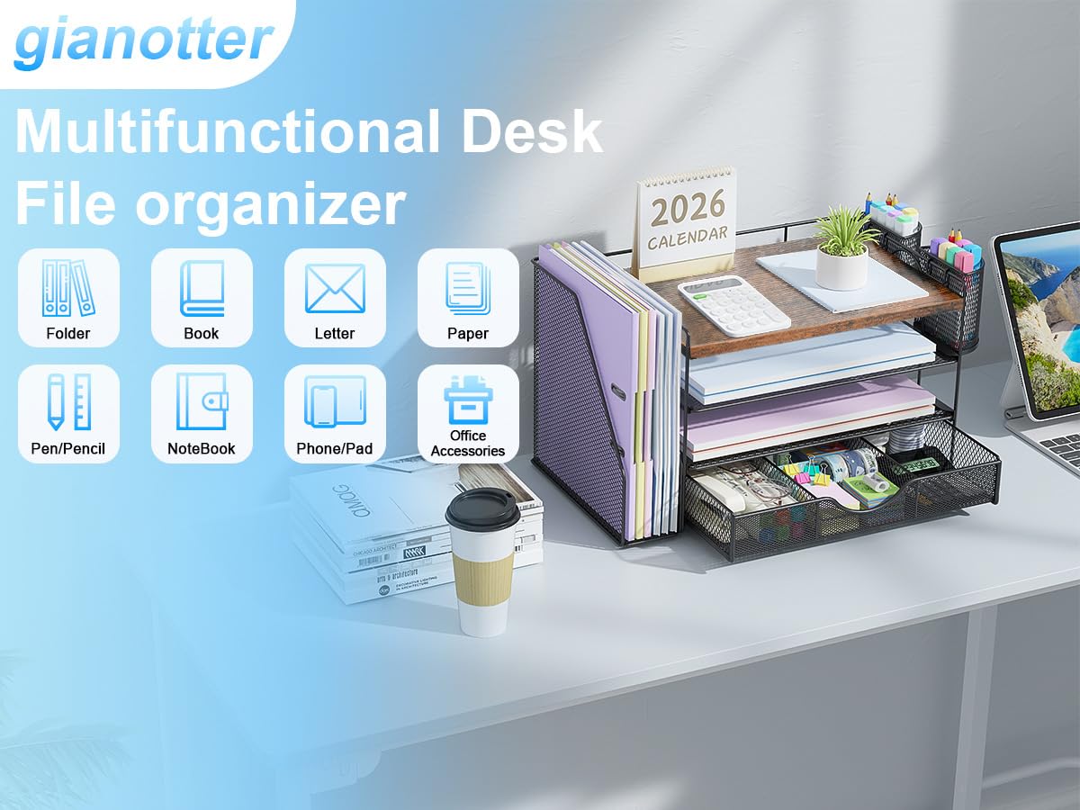 gianotter Desk Organizers and Accessories with File Holder, 4-Tier Desk Accessories & Workspace