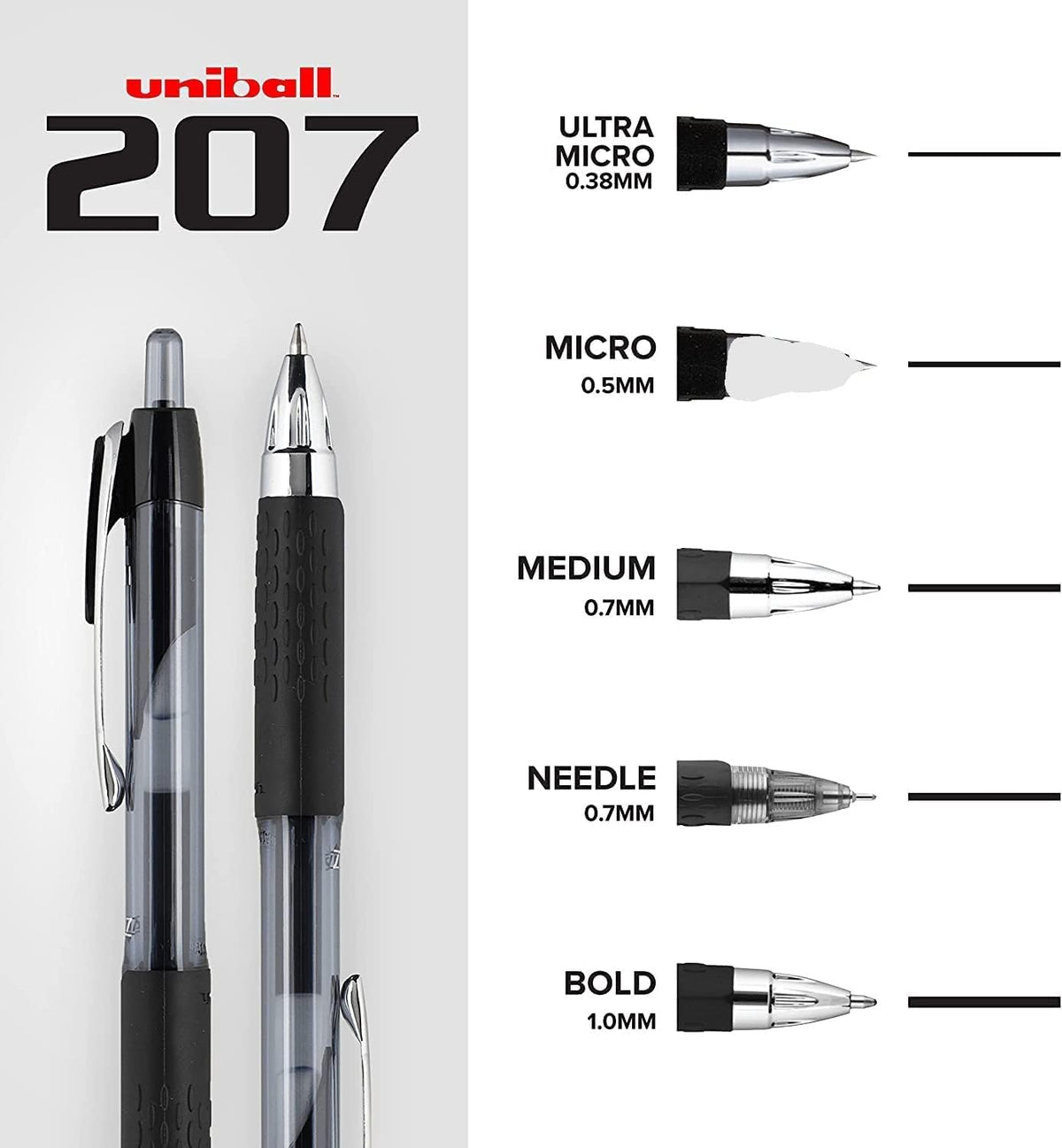 Uni-Ball Signo 207 Retractable Gel Pens, Bold Point, 1.0mm, Black & Blue Ink, 12 Pack (6 Black, 6