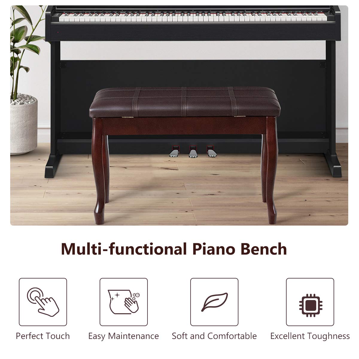 GOFLAME Piano Bench Stool with Padded Cushion and Music Storage, Heavy Duty Piano Duet Seat with PU
