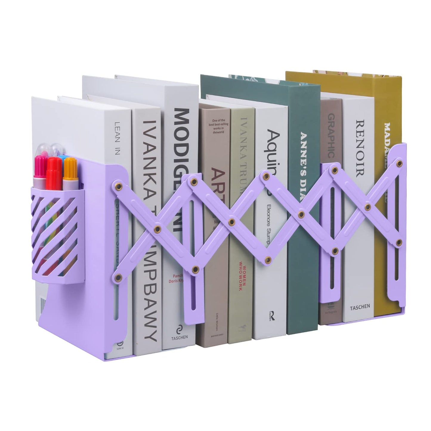 MSDADA Adjustable Bookends, Metal Book Ends for Heavy Books, Expandable Book Organizer with Pen
