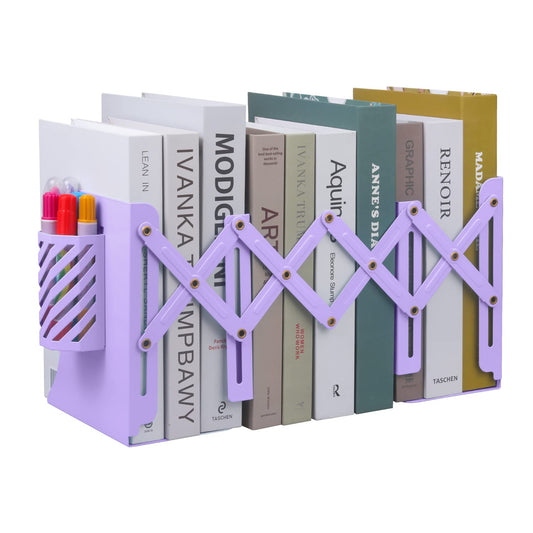 MSDADA Adjustable Bookends, Metal Book Ends for Heavy Books, Expandable Book Organizer with Pen