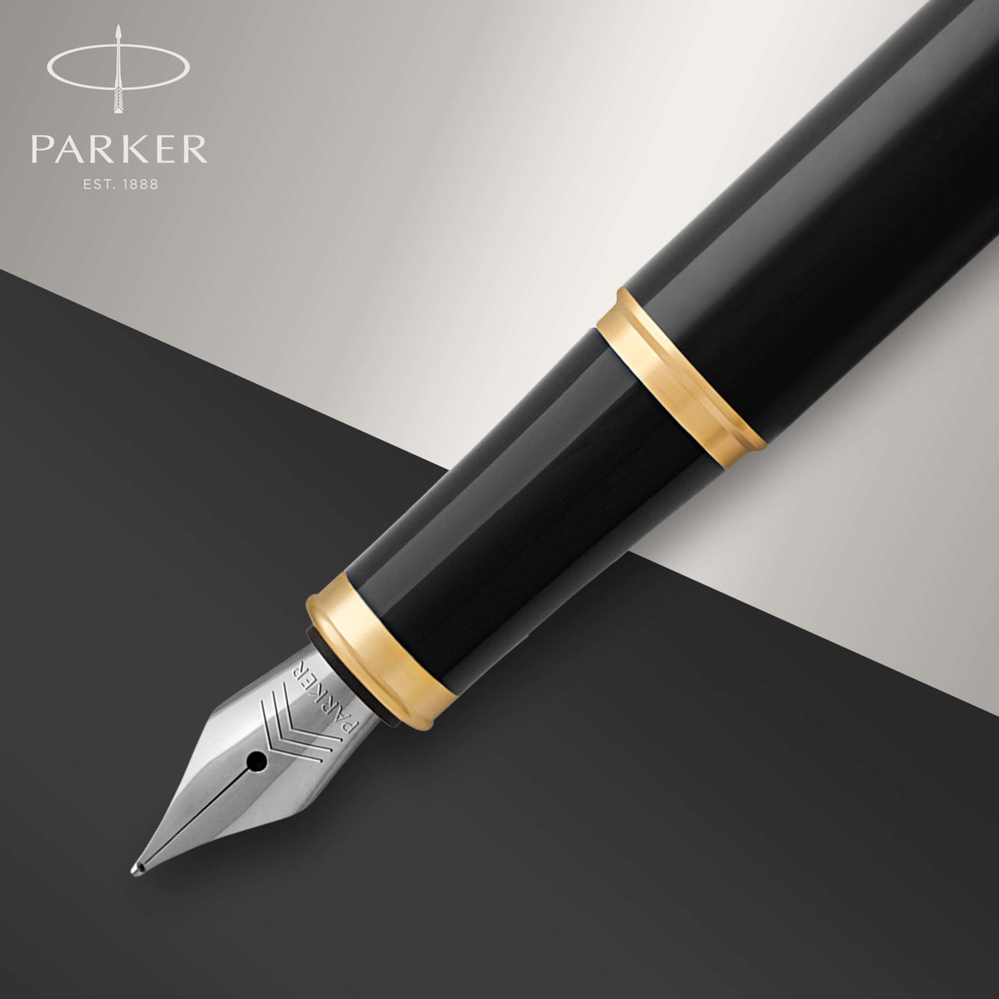 Parker IM Fountain Pen, Black Lacquer with Gold Trim, Fine Nib - Includes Blue Ink Refill and