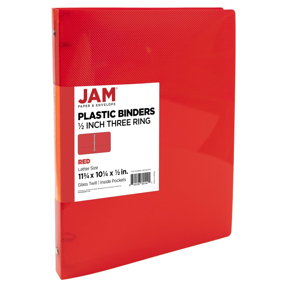 JAM PAPER Plastic 0.5 inch Binder - Red 3 Ring Binder - Sold Individually