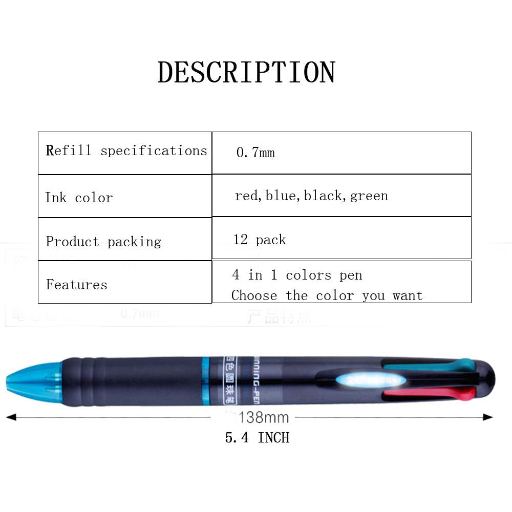 AEKAN 12 Pack Multicolor Pen Retractable 0.7mm 4 Color Ink(Black, Blue, Red, Green) in One