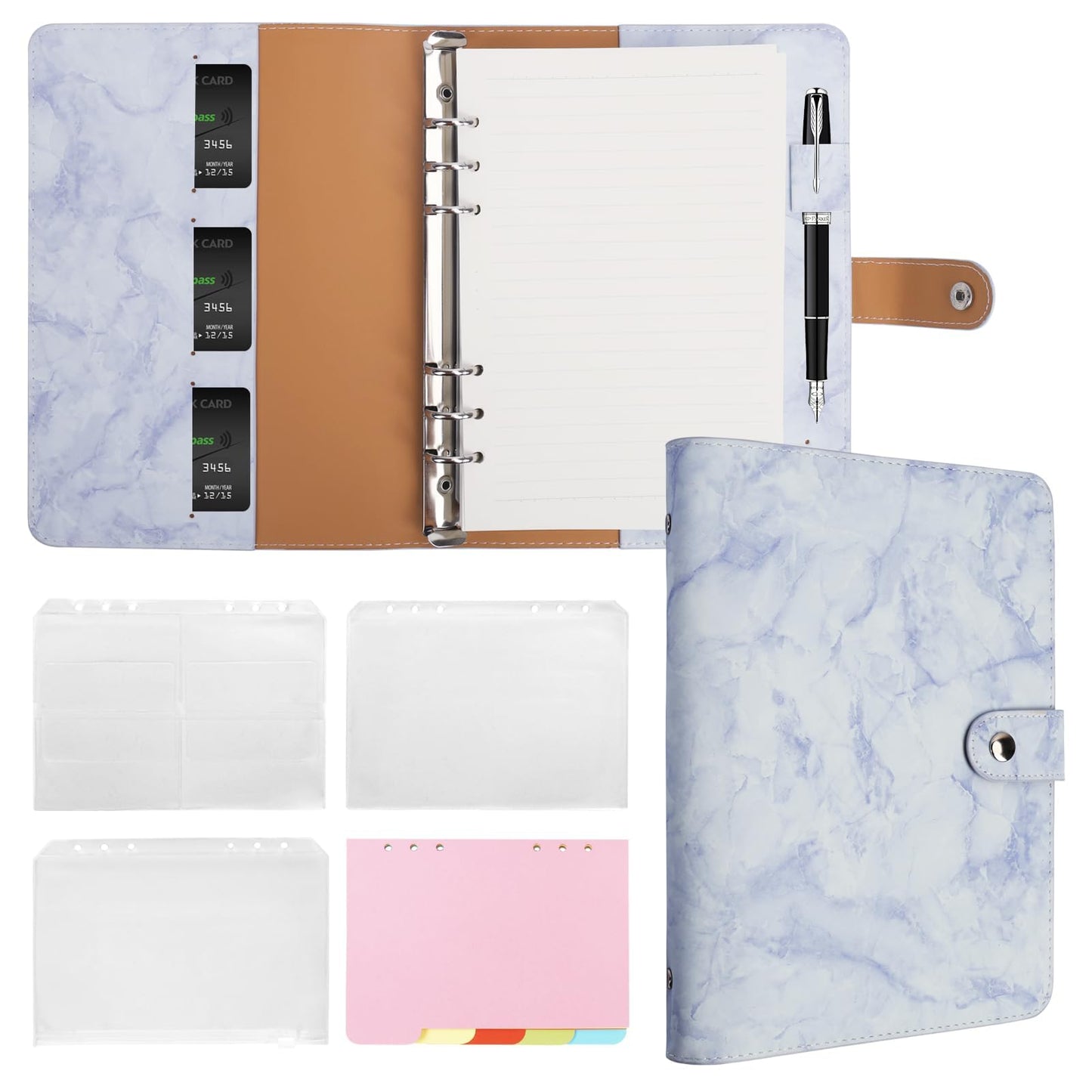 FYY A5 Binder Refillable Planner Notebook 6 Ring, Marble Blue