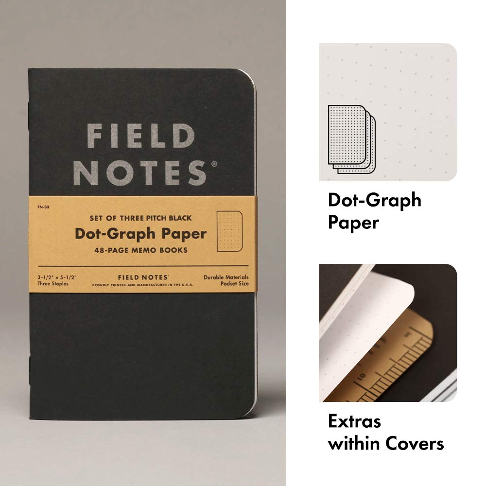 Field Notes 3-Pack Pitch Black Memo Books (3.5" X 5.5"), Dot-Graph, 48 Pages | Thin Pocket Sized
