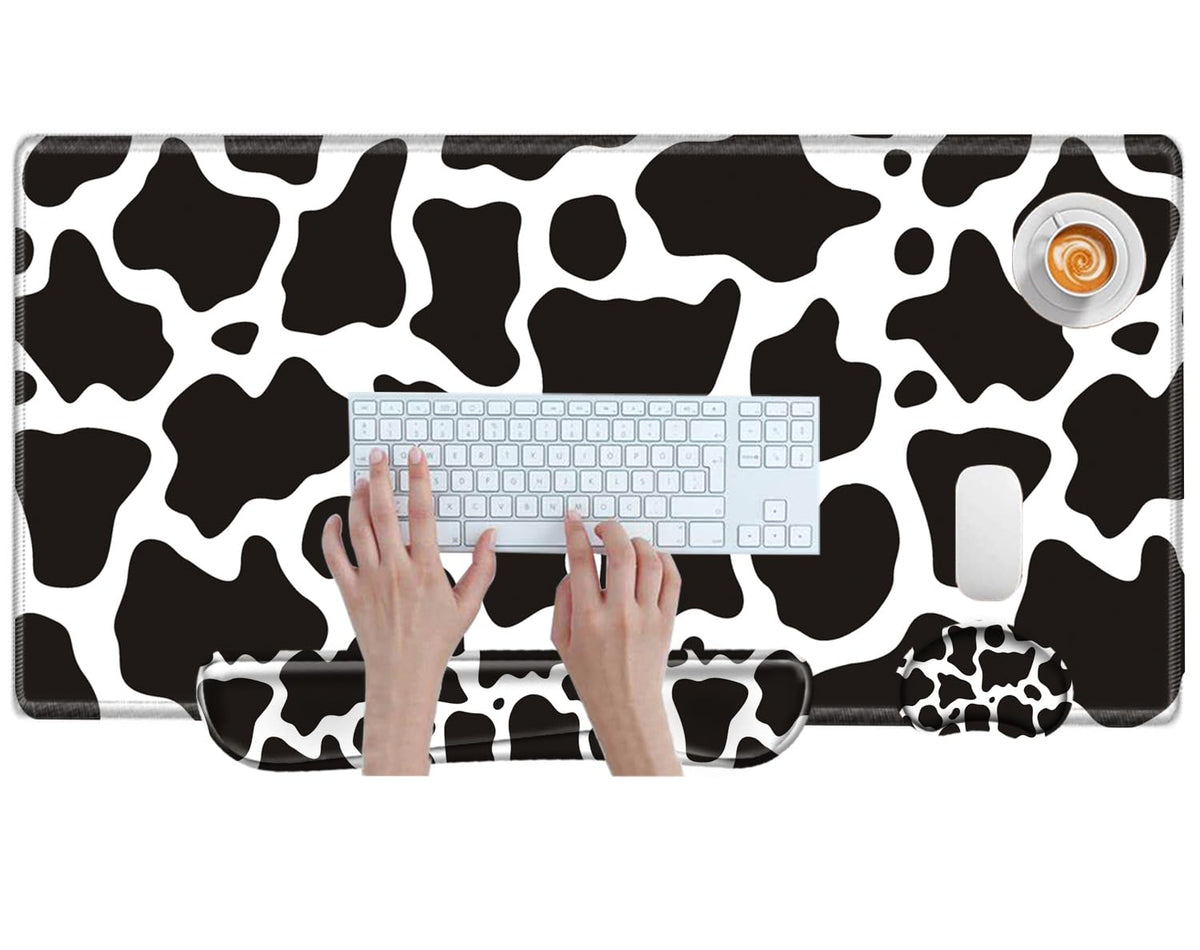 Cow Print Desk Pad Mat Large Mouse Pad and Keyboard Wrist Rest Set 3 in 1 Desk Protector Mat XXL
