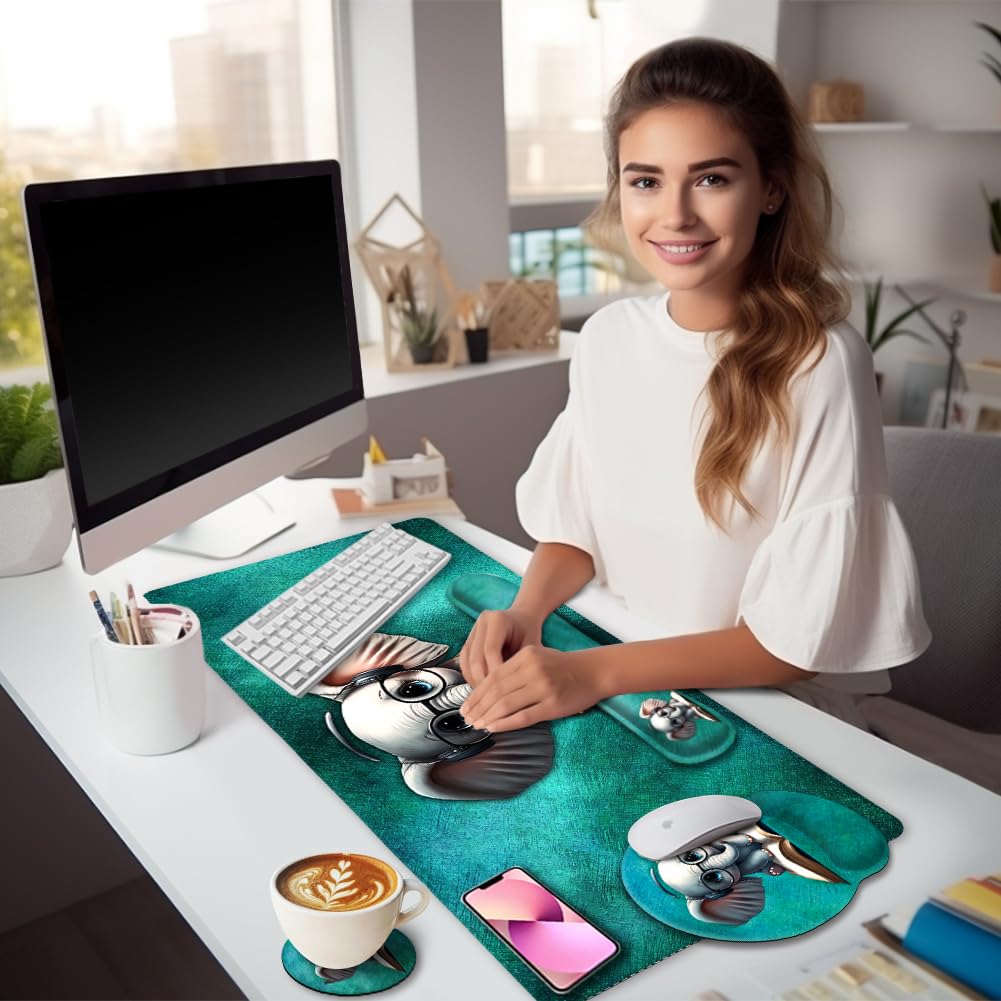 LIMKRIAN Large Desk Mat Set, Mouse Pad with Wrist Rest, Cute Elephant