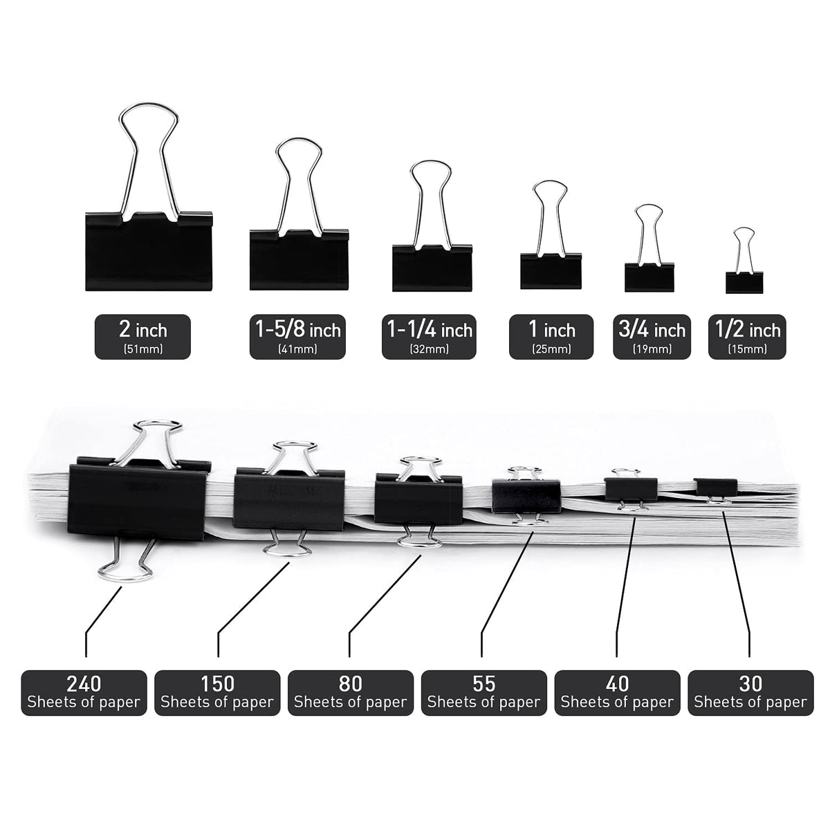 Binder Clips, 144 Pack, 1 Inch, Standard 25mm, Black, Capacity 0.47 Inch, Metal Fold Clamp, Paper