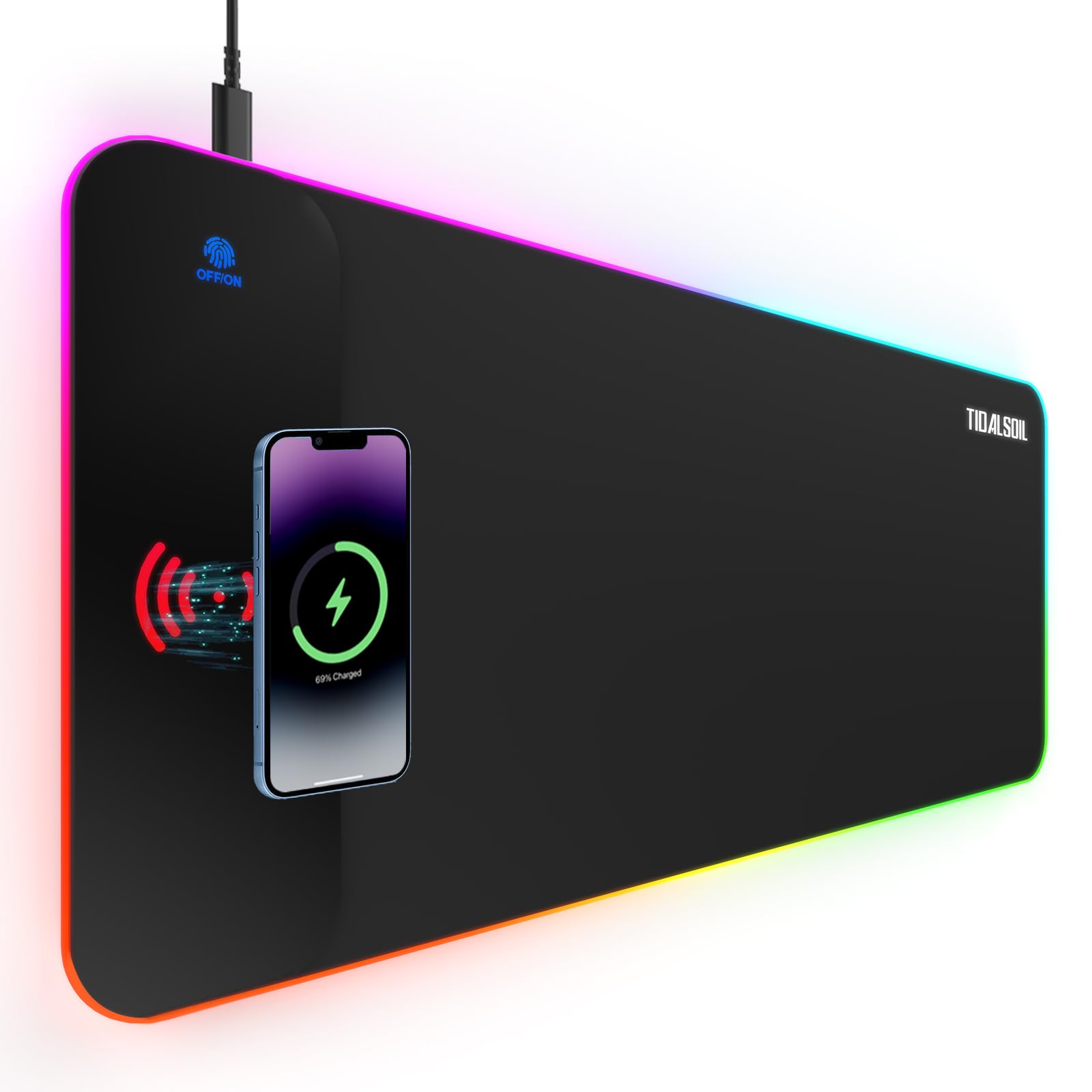 TIDALSOIL RGB Gaming Mouse Pad, 15W Wireless Charger Desk Mat 27.6x11.8 in