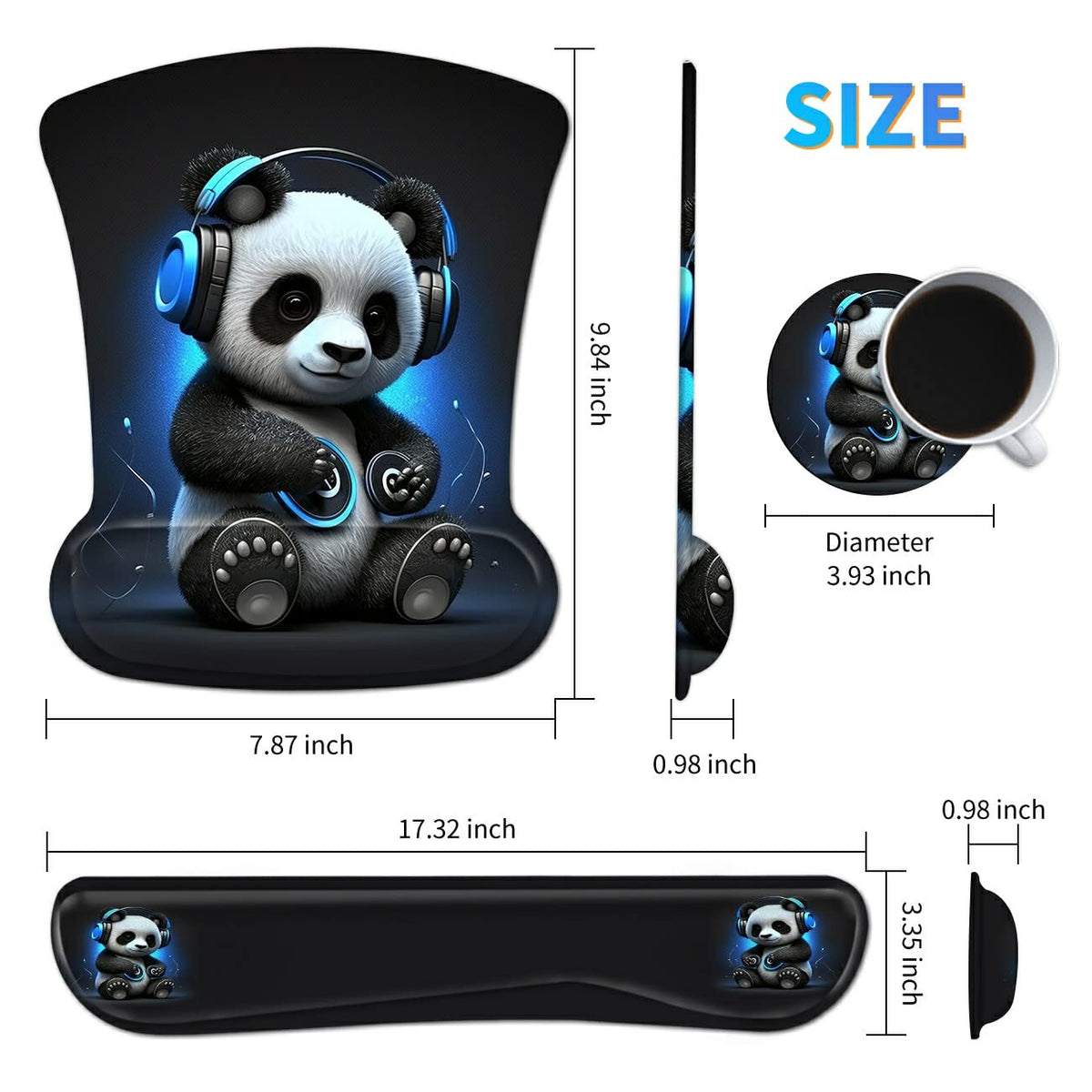 Dikoer 3Pcs Ergonomic Memory Foam Keyboard Wrist Rest Pad Set, Panda