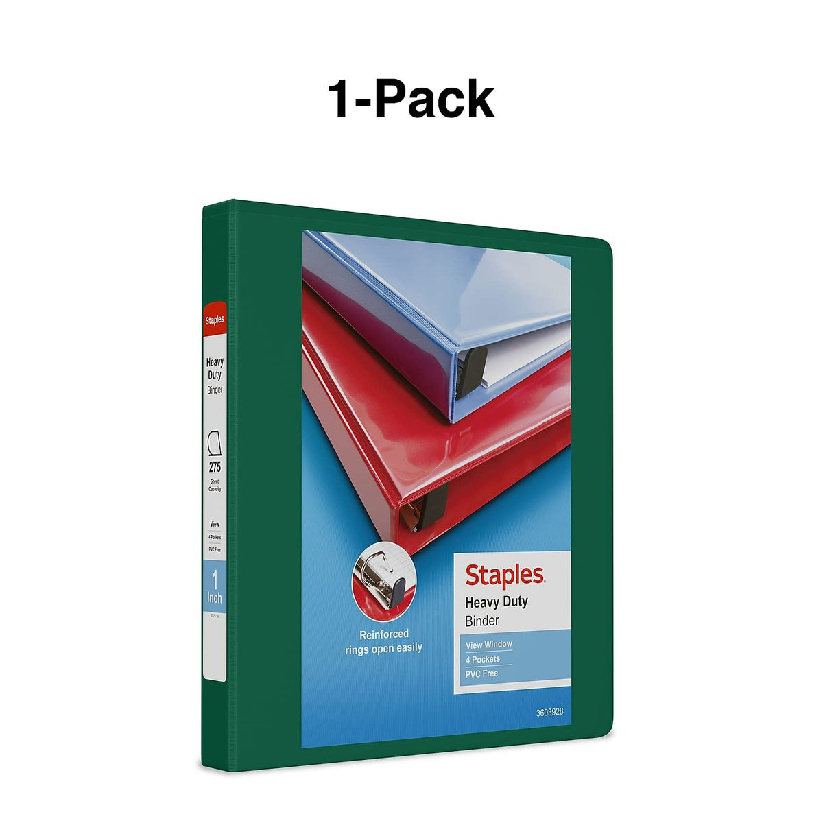 Staples Heavy-Duty 1-Inch 3-Ring View Binder, Dark Green, 3-Pack