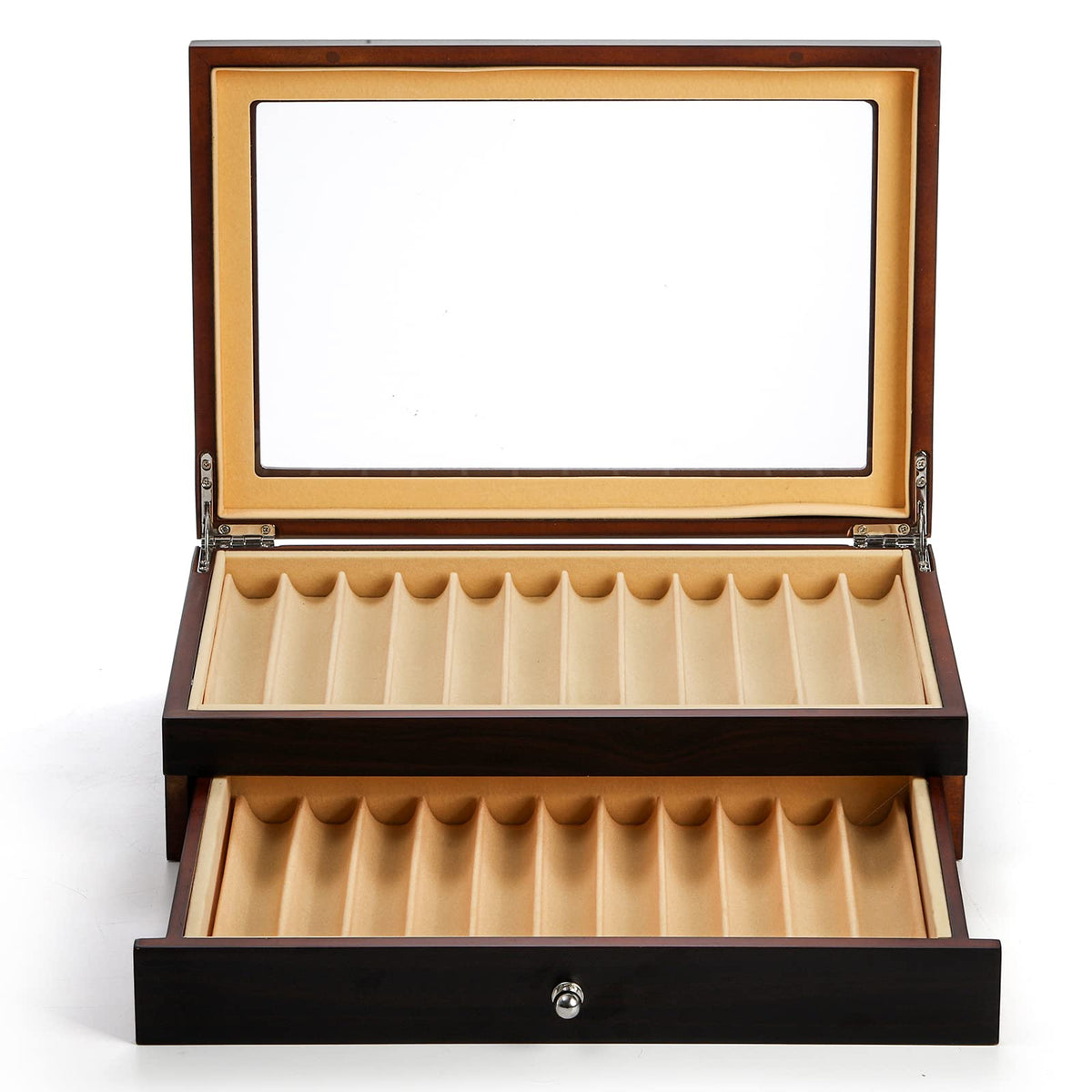 Yesland 2 Layer Ebony Wood Pen Display Box, 23 Slot Fountain Pen Organizer Box with Clear Glass