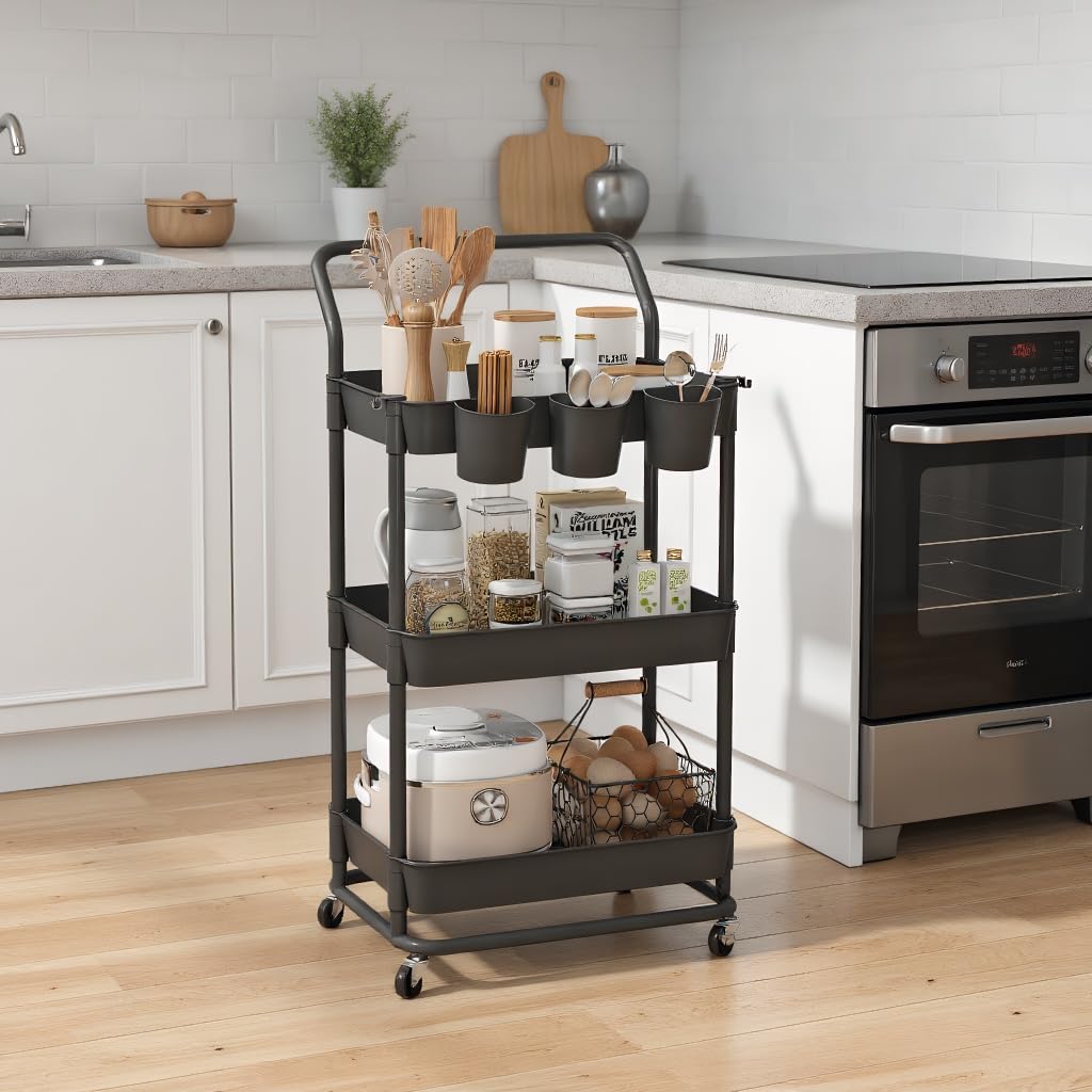 Buzowruil 3-Tier Rolling Utility Cart, Storage Cart with Handle Multi-Purpose and Locking