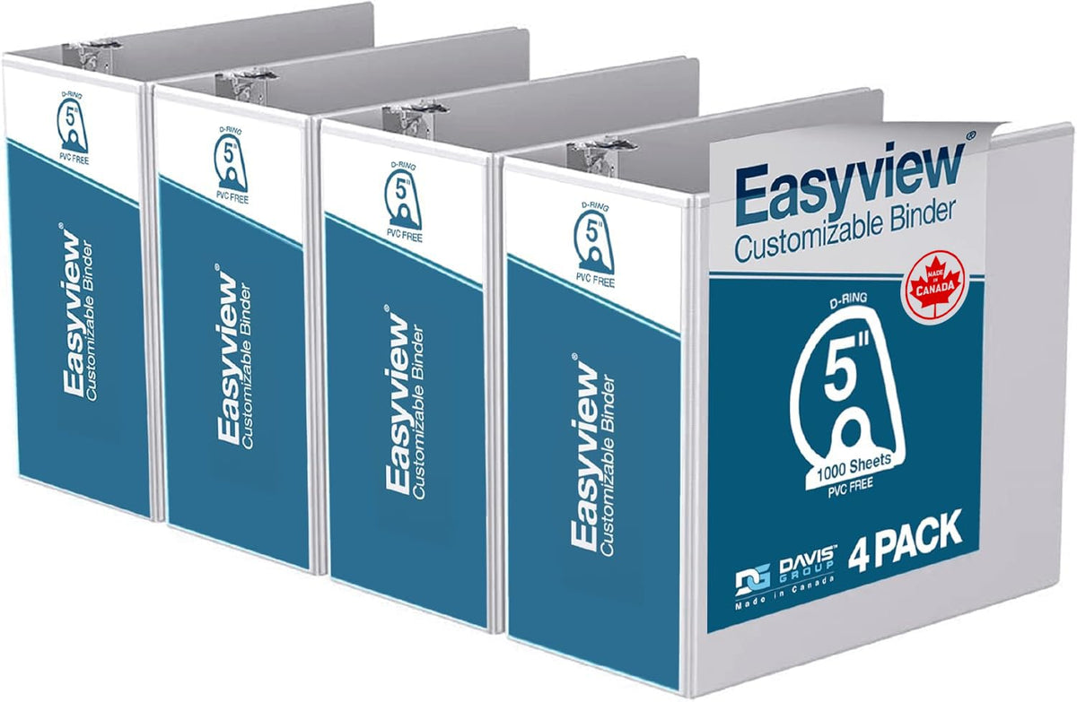 Easyview Premium 3-Ring Binder, Clear-View Cover, 5" D Rings, White, 4 Pack