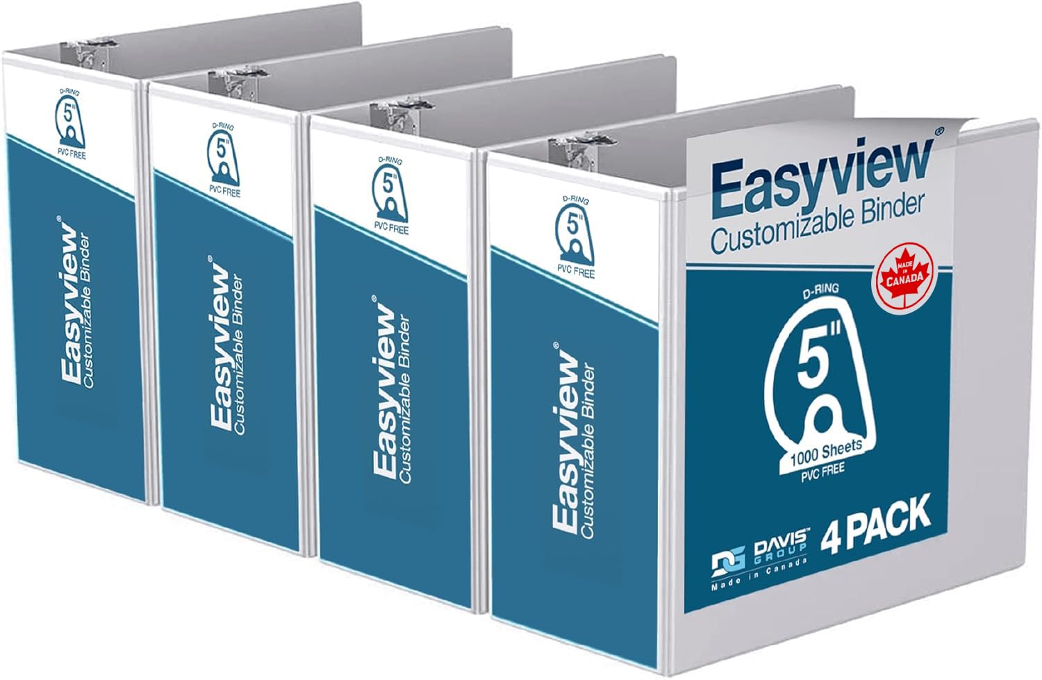 Easyview Premium 3-Ring Binder, Clear-View Cover, 5" D Rings, White, 4 Pack