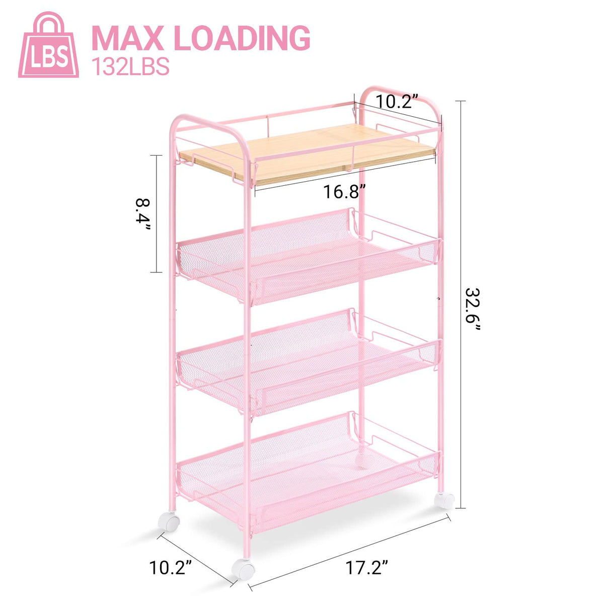 KINGRACK 4-Tier Metal Rolling Utility Cart, Pink, Flexible, Sturdy, Easy Assembly, Anti-Rust