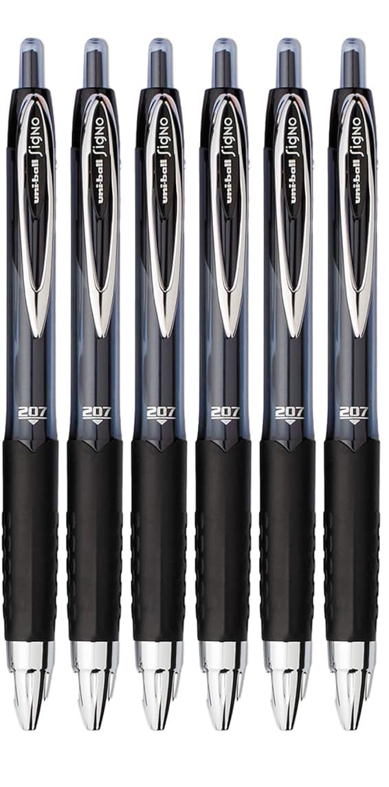 Advantage Gifts Signo 207 Roller Ball Retractable Gel Pens, Medium Point (0.7mm), Black Ink, 6