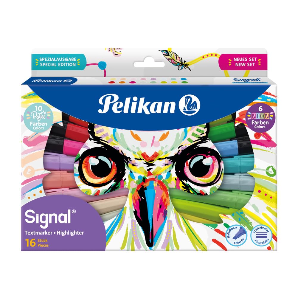 Pelikan Signal Highlighters Pack of 16 Assorted Colours in Folding Box with Owl Print